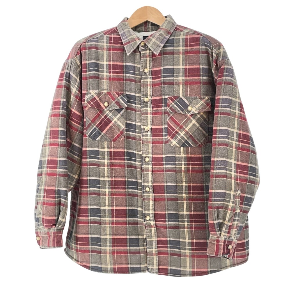 Basic Editions Men's Shirt Jacket Red Gray Blue Plaid Fleece Lined Size XL Warm
